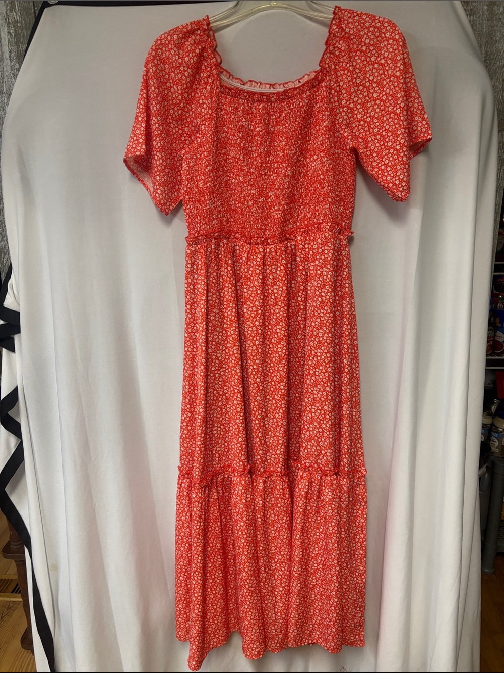 Coral Floral Tiered Midi Dress
